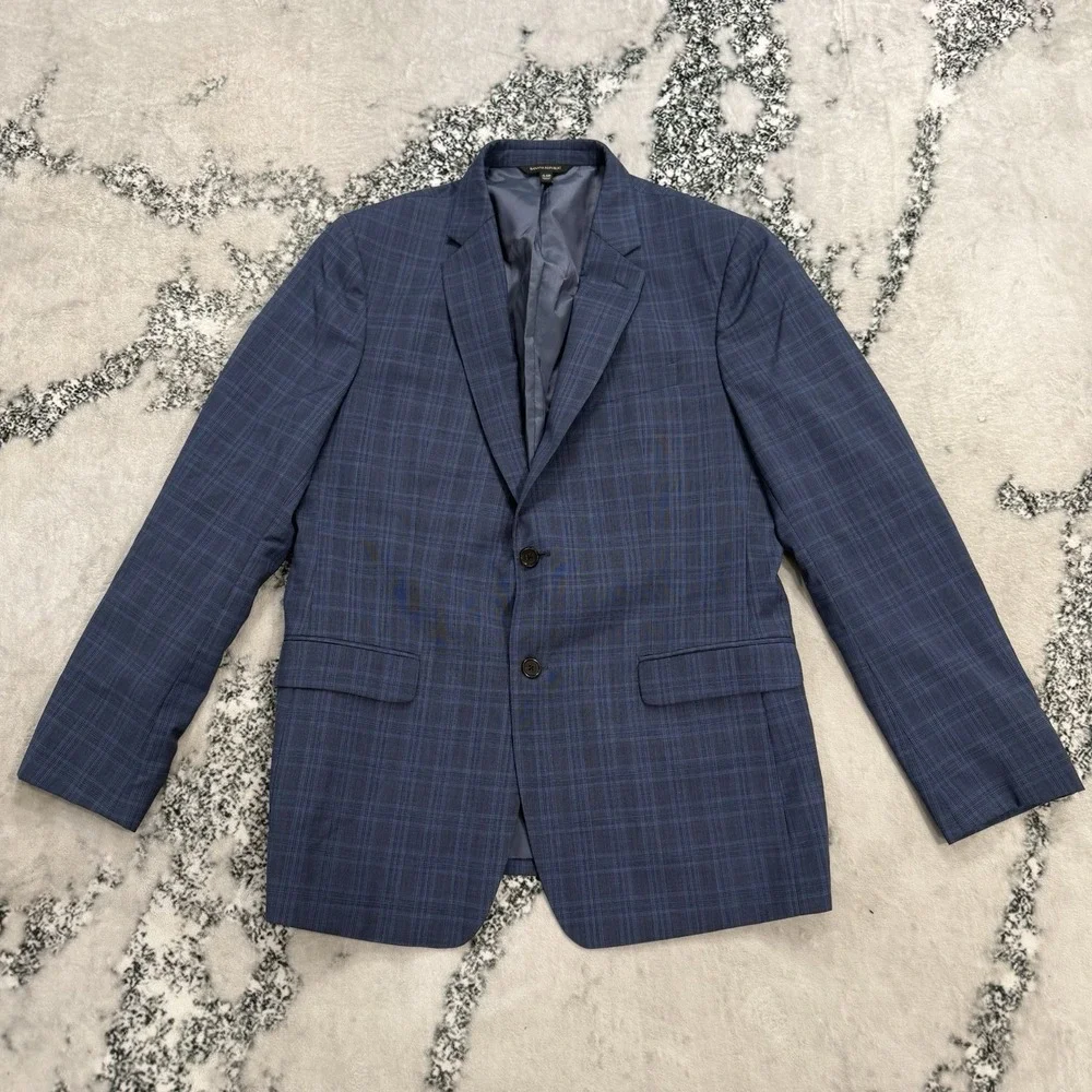 Banana Republic Mens 44R Blue Windowpane Plaid Wool Blazer Sport Coat Two Button