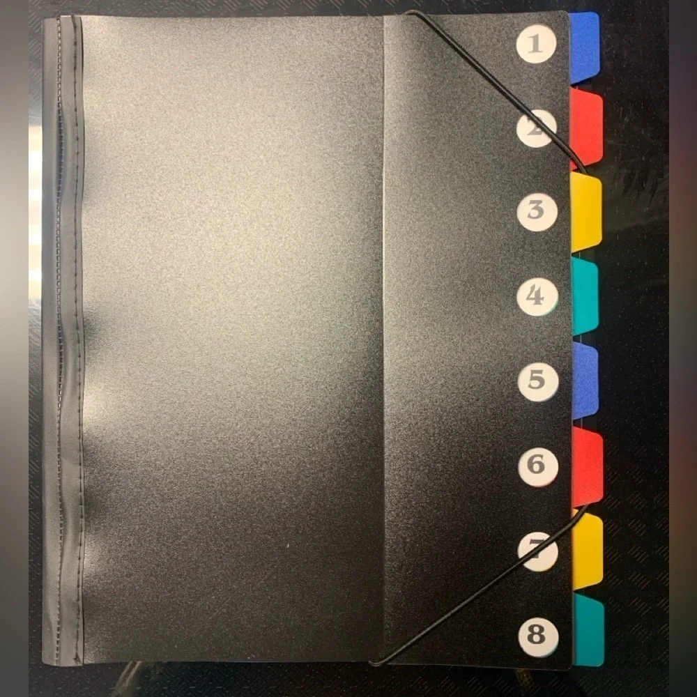 Plastic Black Expanding File Folder with 8 Colorful Tabs and elastic