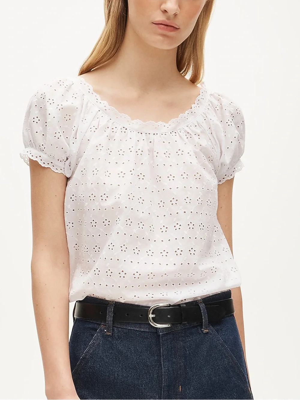 J. Crew White Eyelet Puff-Sleeve Peasant Top