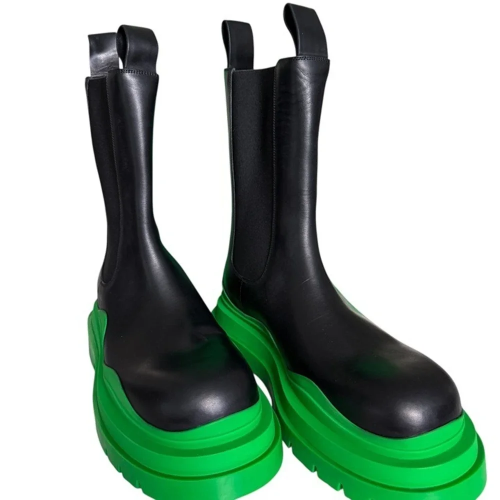 Bottega Veneta 630284 Military Calf Black Leather BV Green Black Tire Boots, 44+