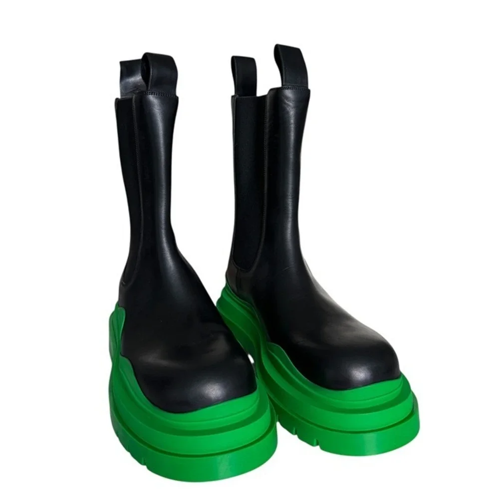 Bottega Veneta 630284 Military Calf Black Leather BV Green Black Tire Boots, 44+