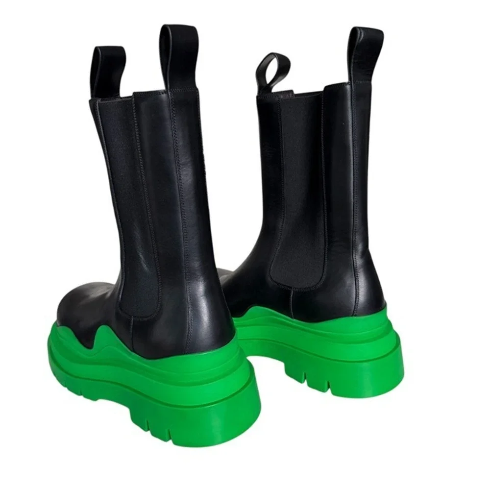 Bottega Veneta 630284 Military Calf Black Leather BV Green Black Tire Boots, 44+