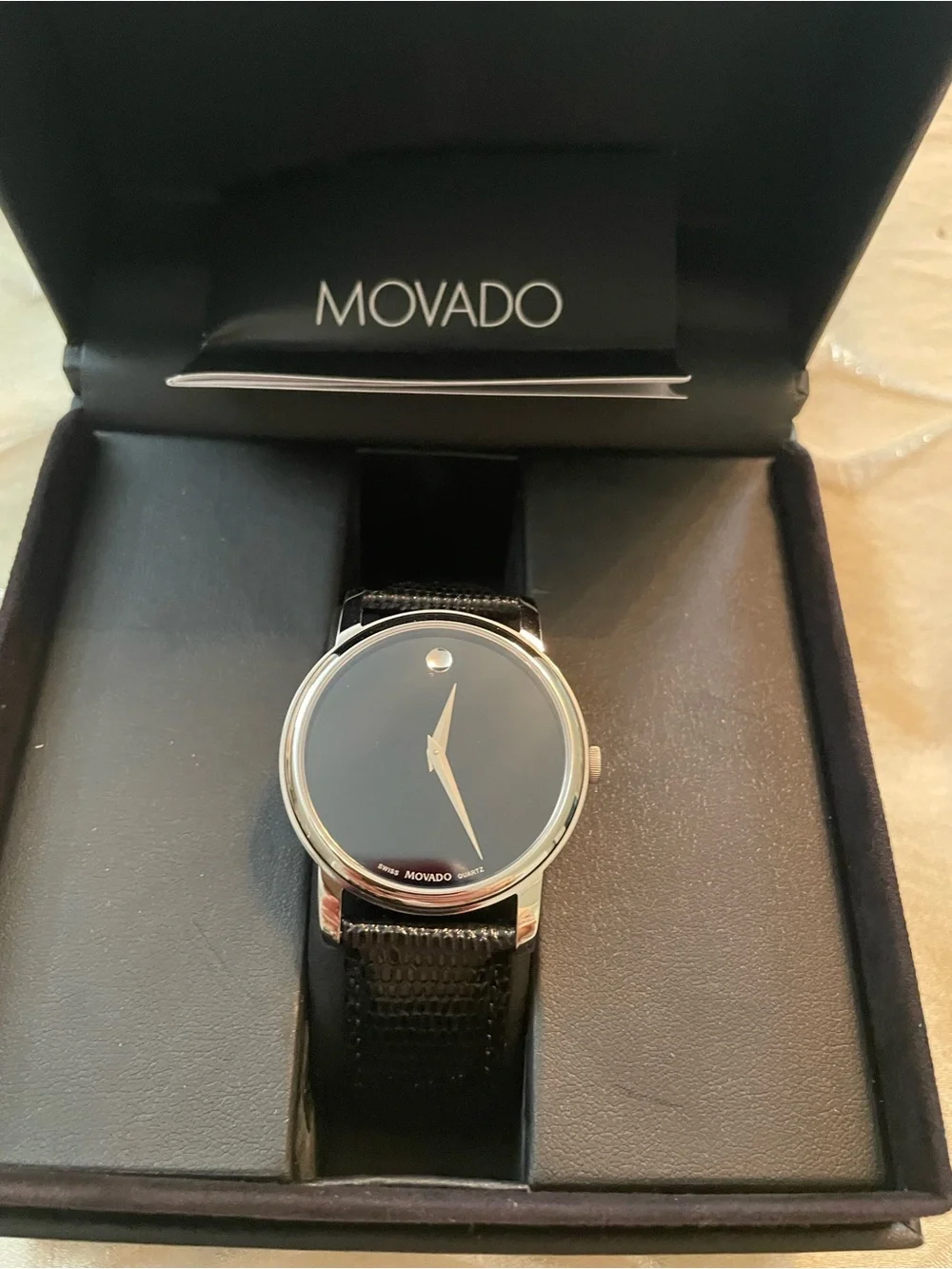 Movado Black Dial Silver Case Black Leather Strap Watch