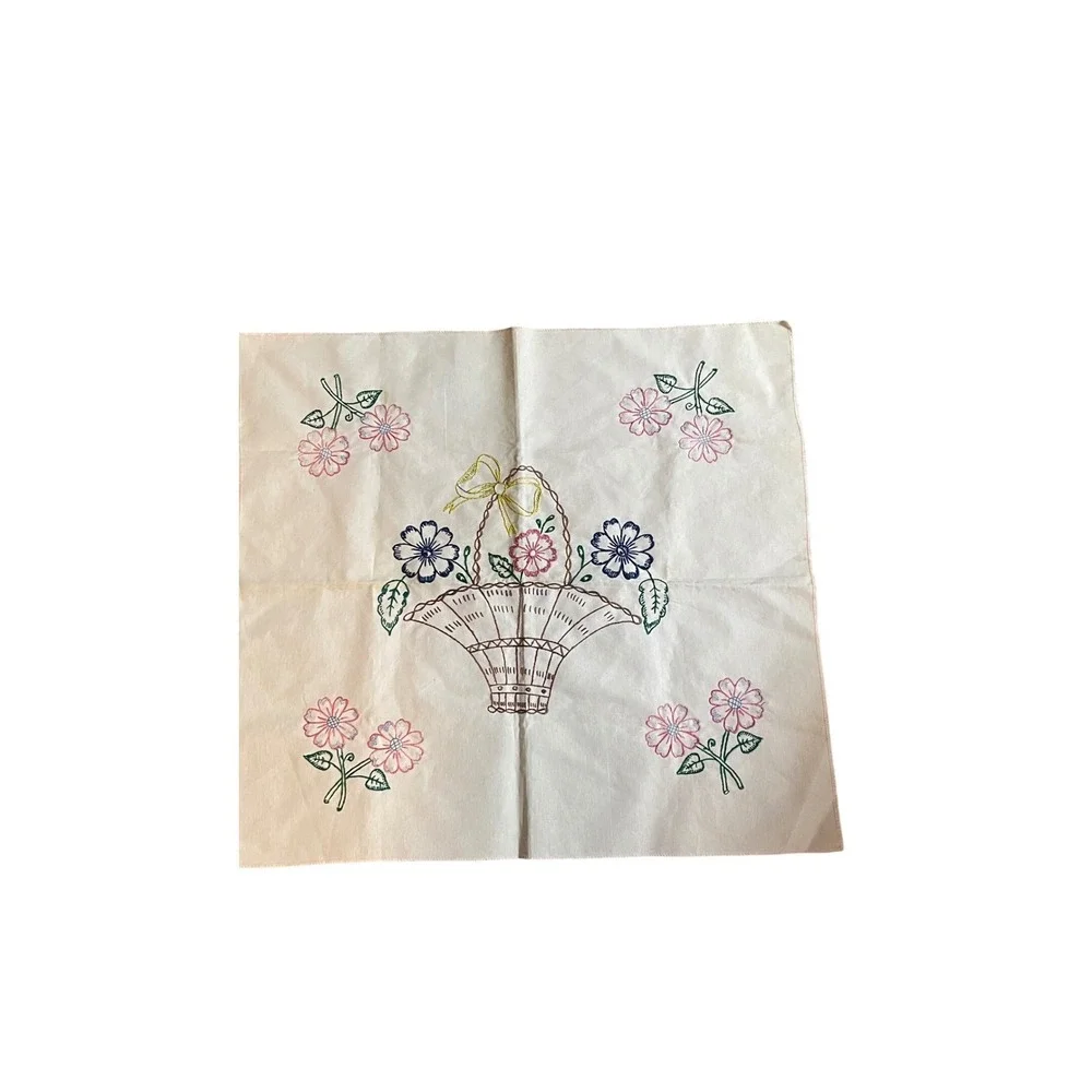 Vintage Square Hand Embroidered White‎ Cotton tablecloth Floral Basket Stains