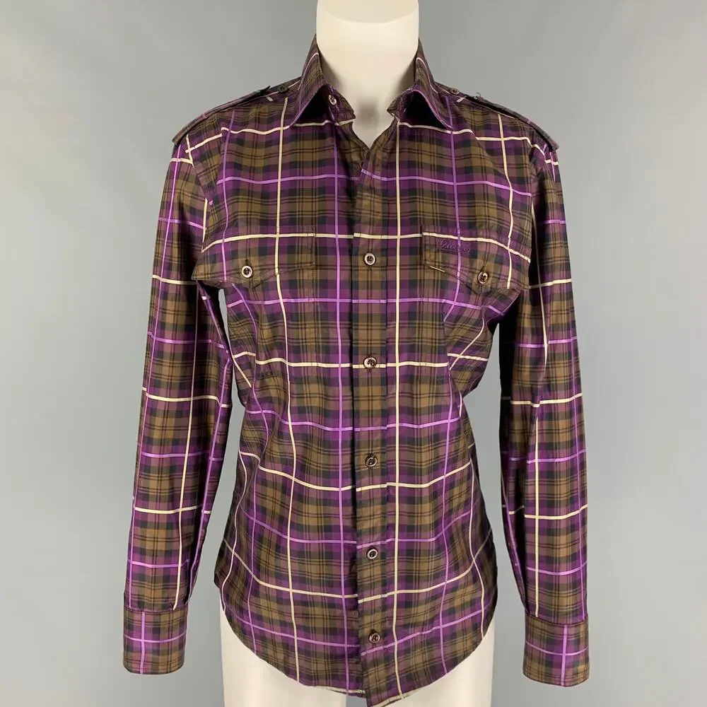 GUCCI Size XS Purple Brown Plaid Button Up Long Sleeve Shirt