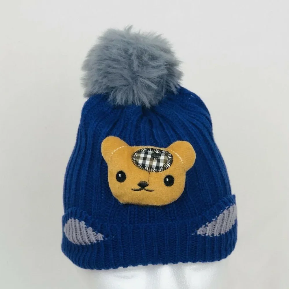 Kids Knit Beanie Pom Fleece‎ Lining Plush On Front-
