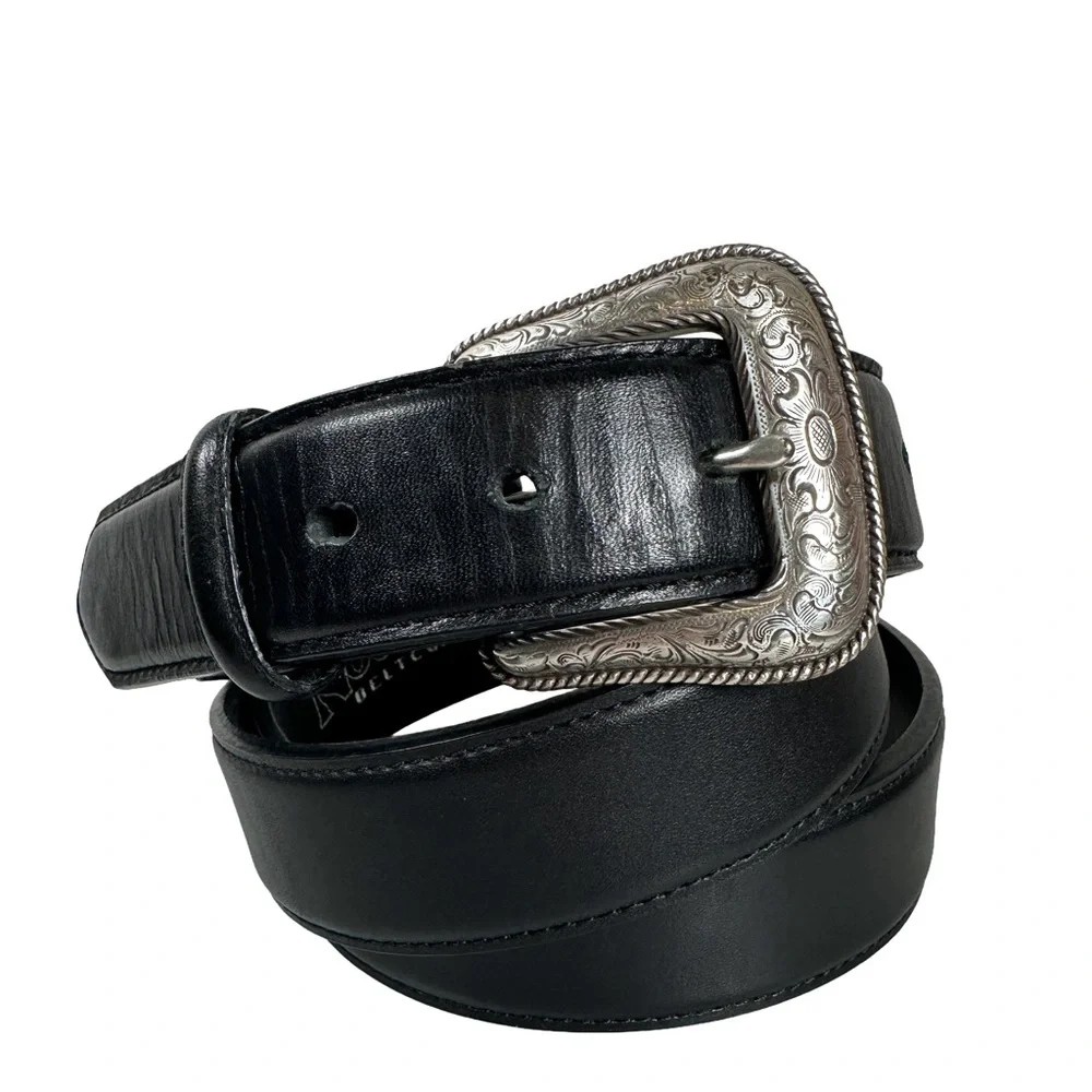 Nocona plain Black Leather Belt with Silver Buckle western cowboy‎