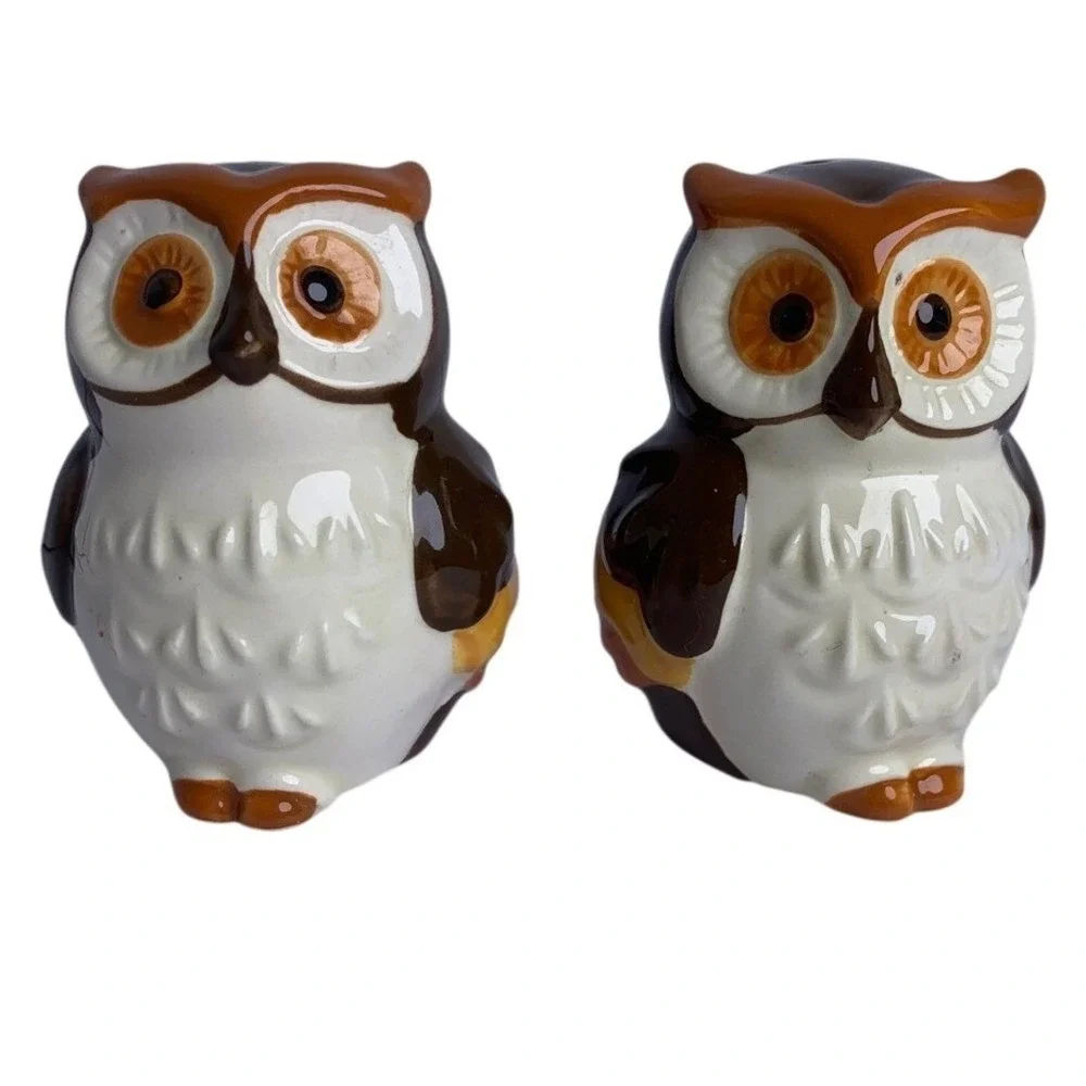 Vintage Ceramic Owl Salt and Pepper Shakers‎ Retro Bohemian Hand Painted Set