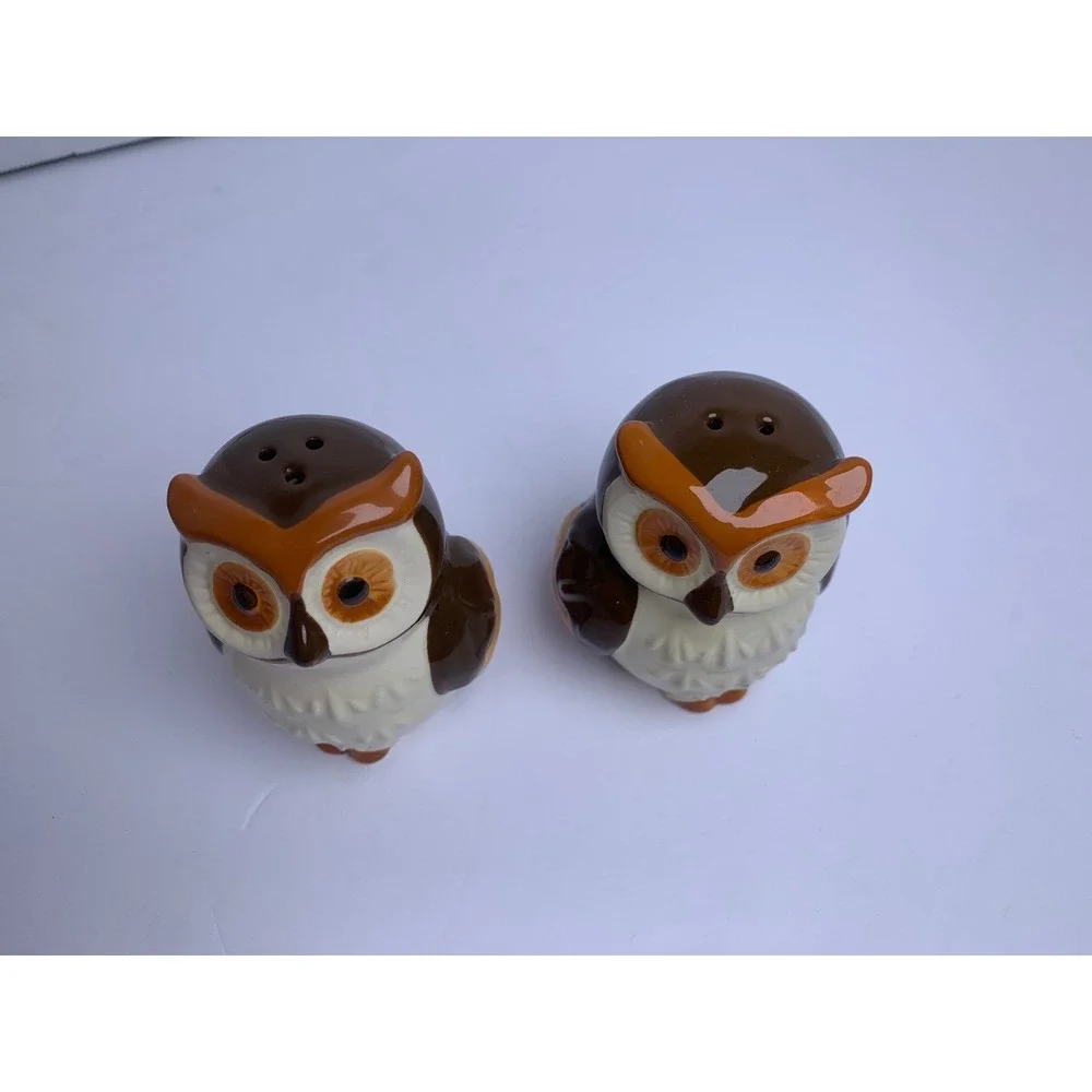 Vintage Ceramic Owl Salt and Pepper Shakers‎ Retro Bohemian Hand Painted Set