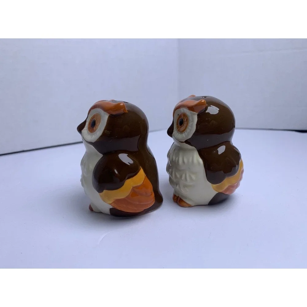 Vintage Ceramic Owl Salt and Pepper Shakers‎ Retro Bohemian Hand Painted Set
