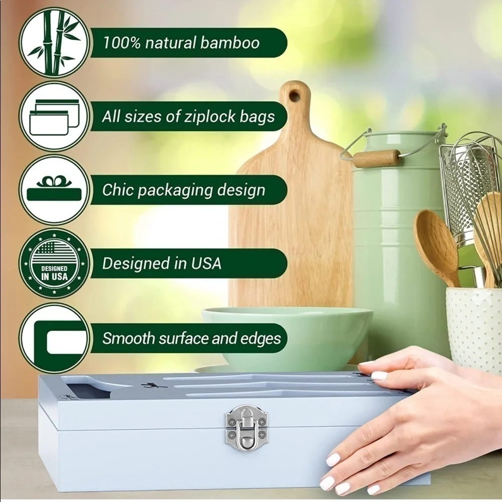 Brand New Bamboo Ziploc Bag Storage Organizer for Drawer or Wall Mount w/ Stands