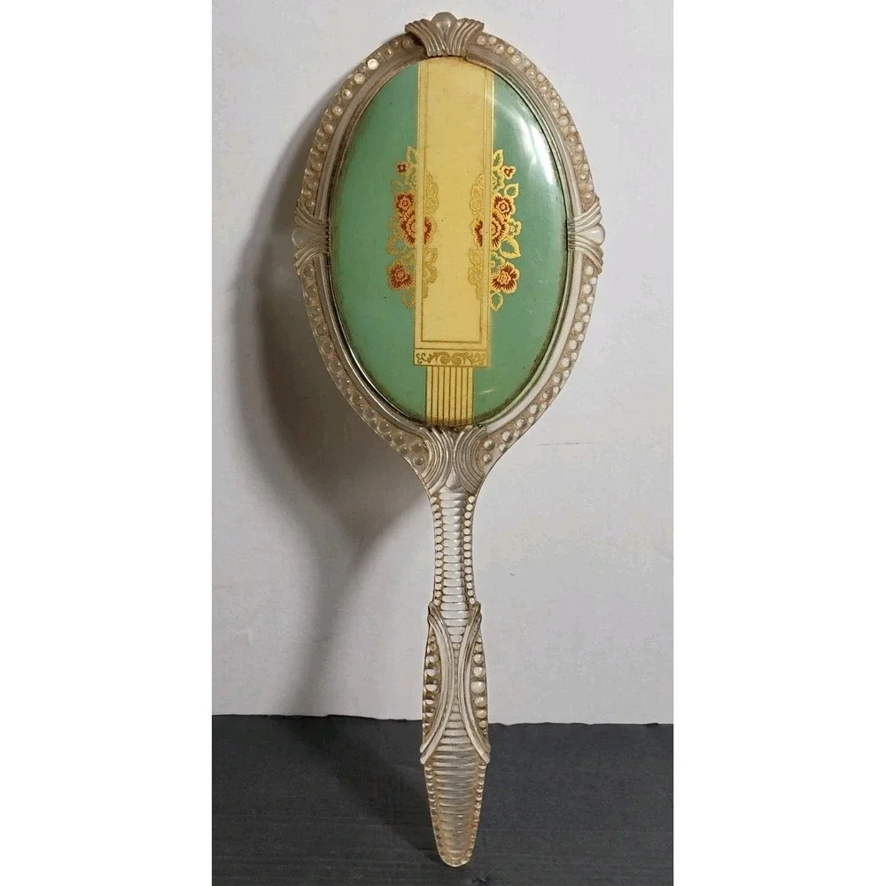 Vintage MCM Oval Art Deco Vanity Hand Mirror Clear Handle Pink Roses Gold Tones