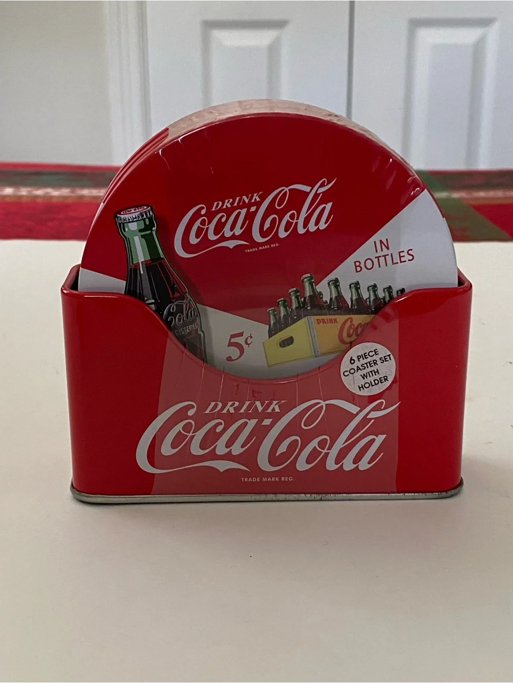 Coca Cola Logo Red Branded Tin Coasters Set of 6 with Holder Cork Back NEW