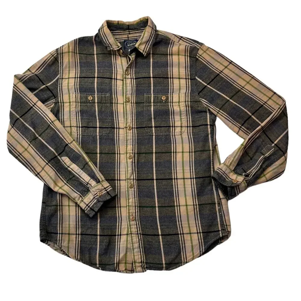 J. Crew Shirt Mens Long Sleeve Button Down Medium Beige Black Flannel Plaid