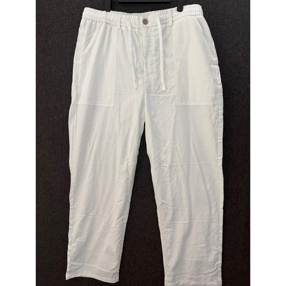 Men's White Linen Blend Drawstring Pants Resort Cruise Party Vaca Preppy Church