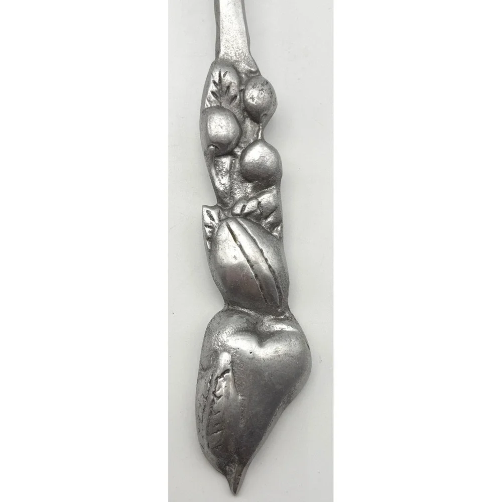 Vintage Fruit Motif Salad Serving Set Sculpted Silver Tone Metal Spoon and Fork
