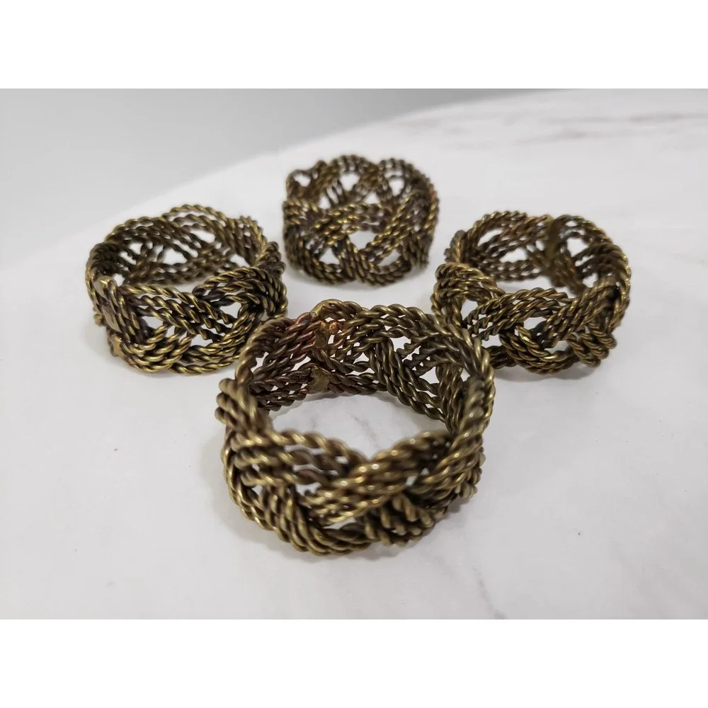 LOT 4 Vintage Brass Napkin Ring Woven Twisted‎ Braided Brutalist MCM Abstract