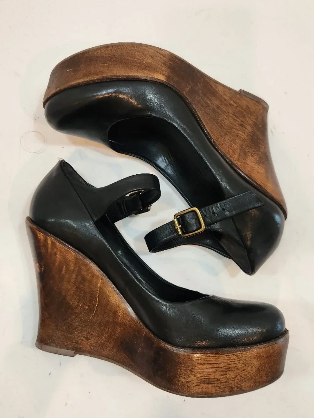 ALDO Retro Wood Platform Wedge Mary Janes Black Leather 6.5