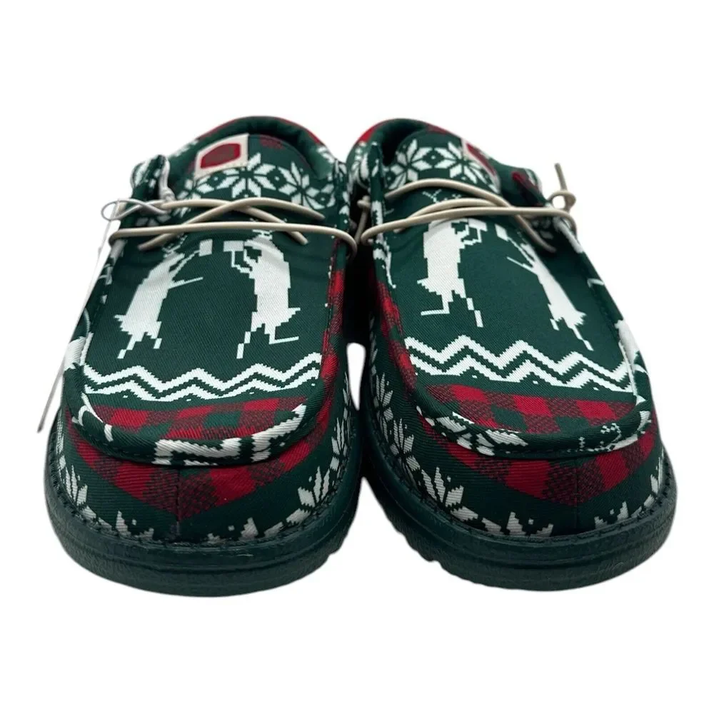 Hey Dude Wally‎ Holiday Cheers Slip On Loafers Mens 8 Green Christmas Deer Print