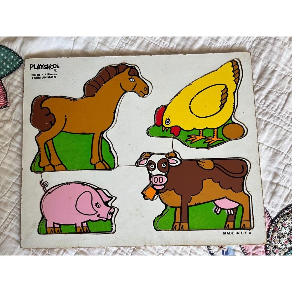 Vintage Playskool Farm Animals Wooden Puzzle 180-05 4 Piece Made in USA Toddler