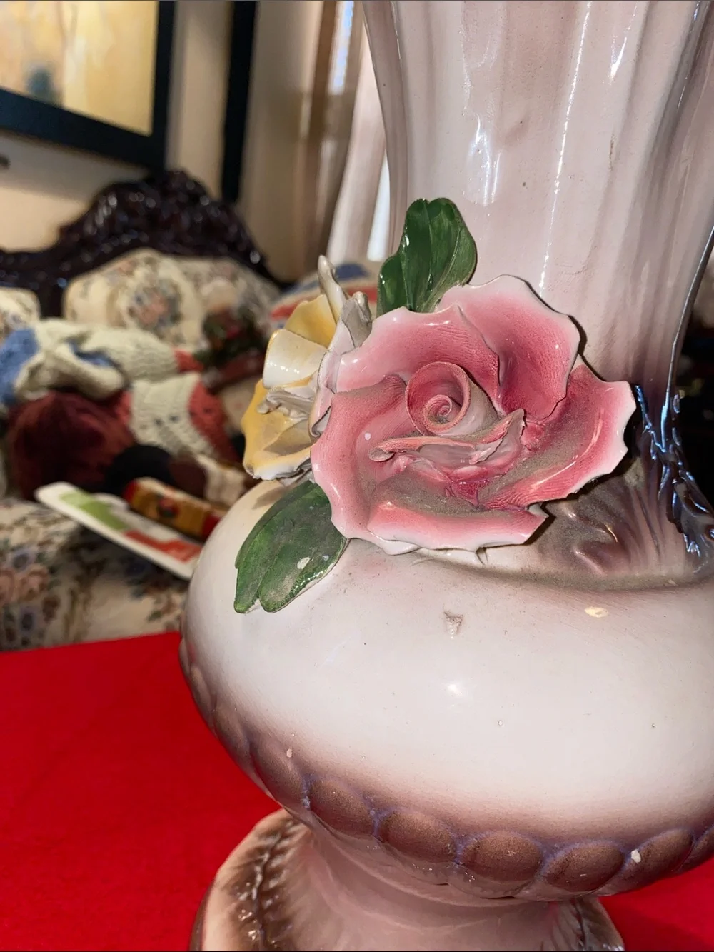 Vintage Capodimonte Hand-Painted Pink and White Floral Porcelain Vase