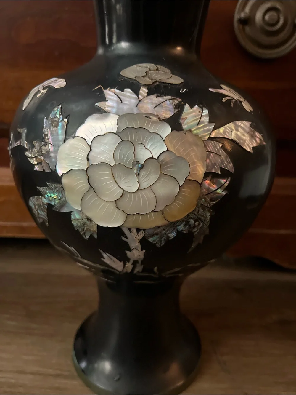 Iridescent Mother-of-Pearl Floral Black Accent Vase brass inside