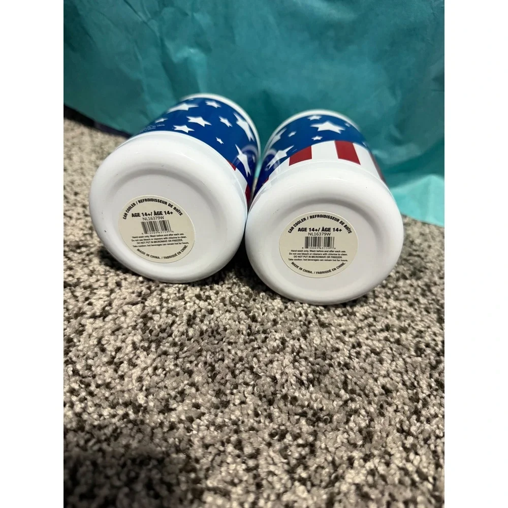 Set of 2 Patriotic American Flag Can Coolers Stars Stripes Insulated USA