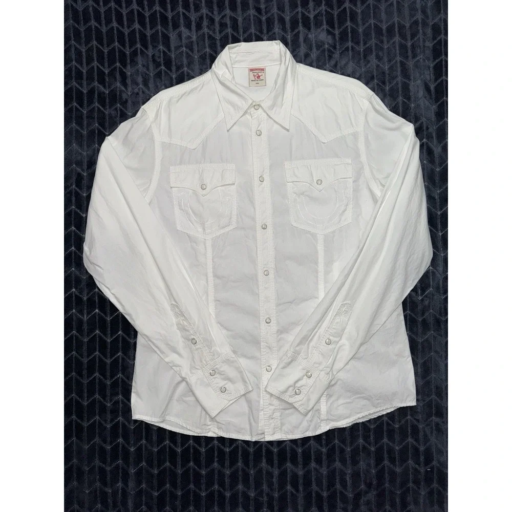 True Religion Mens White Pearl Snap Western Long Sleeve Shirt Pockets Sz 2XL