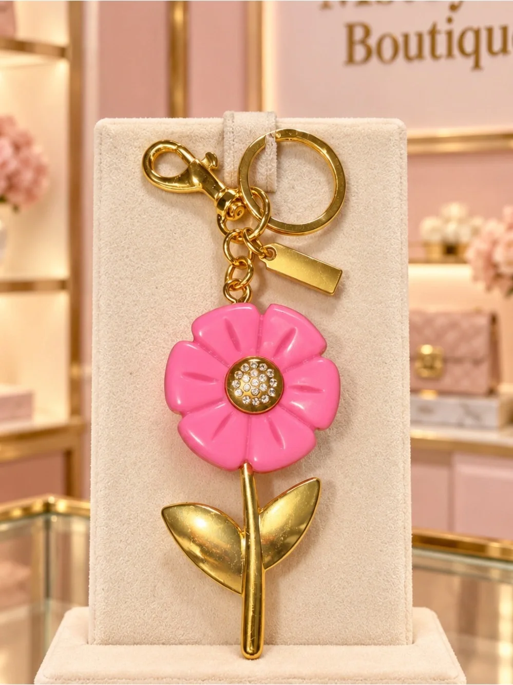 Pink Flower Keychain with Gold Accents