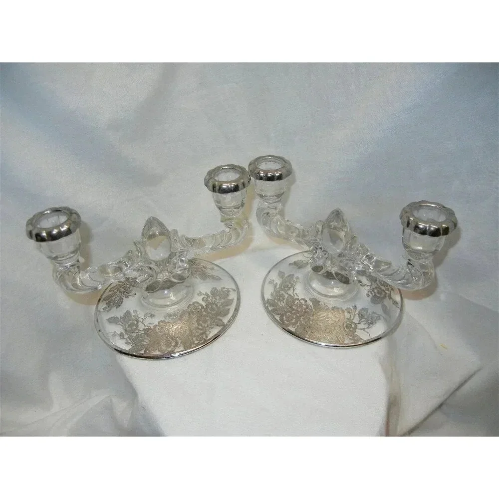 Crystal Candlestick Holder silver City Mid Century, Sterling Silver overlay