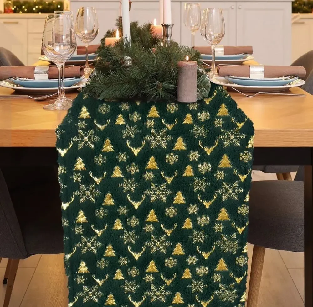Christmas Table Runner Trees / Snow Soft Plush Faux Fur Green / Gold 14 x 72 