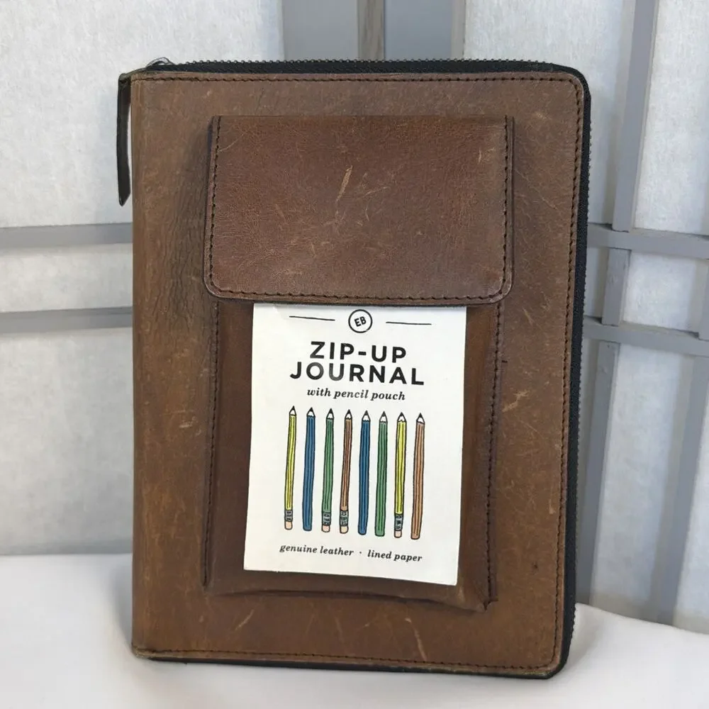Brand New Earthbound Trading Zip Up Leather Journal With Front Pocket Refillable