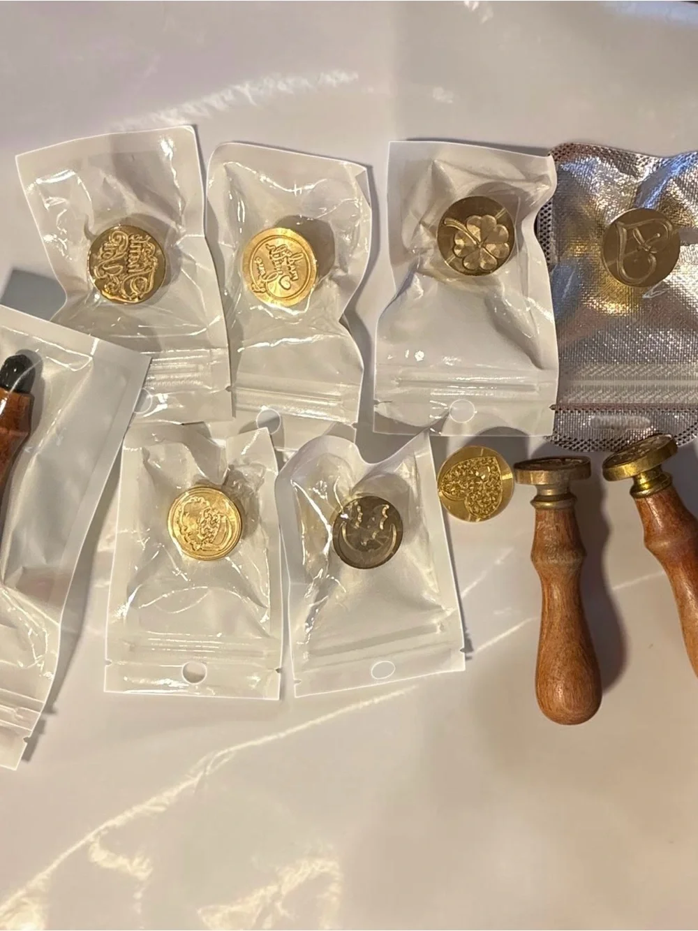 Set of 9 Wax Seal Stamps Brass Heads 3 Wood Handles Wedding Invitations