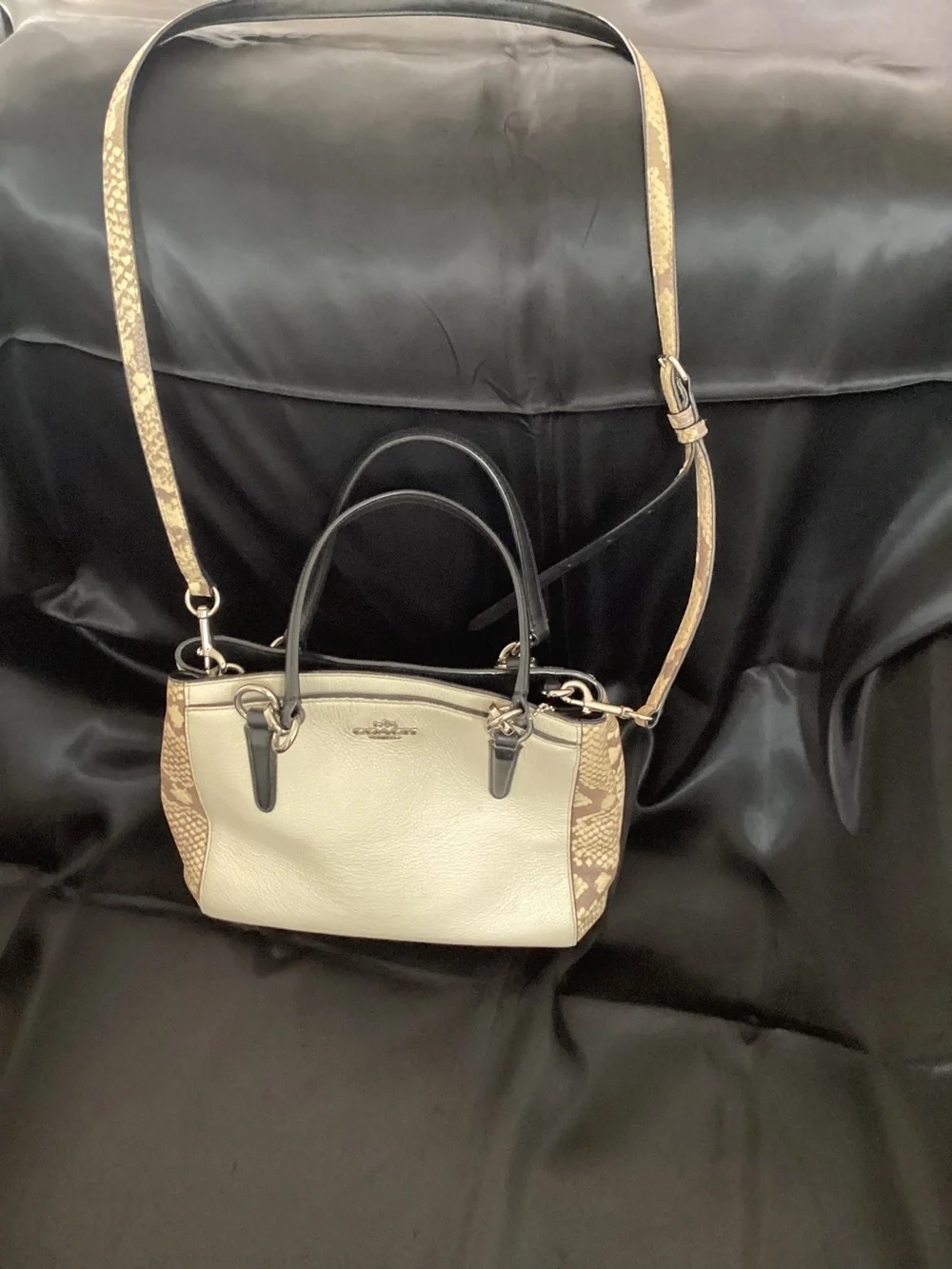 Coach Cream Leather Mini Satchel‎ with Brown Snake-Print Trim and Black Handles
