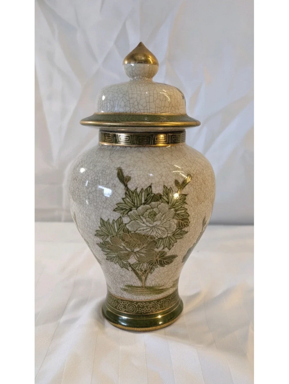 Vintage Japanese Kutani Crackle Glaze Ginger Jar Green Peony Peacock Gold Trim