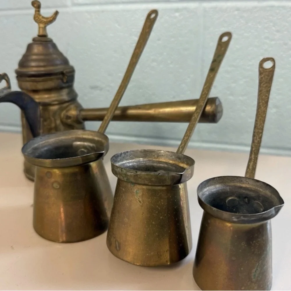 Vintage Engraved Brass‎ Turkish Dallah Handle Coffee Pot With 3 Pour Cups