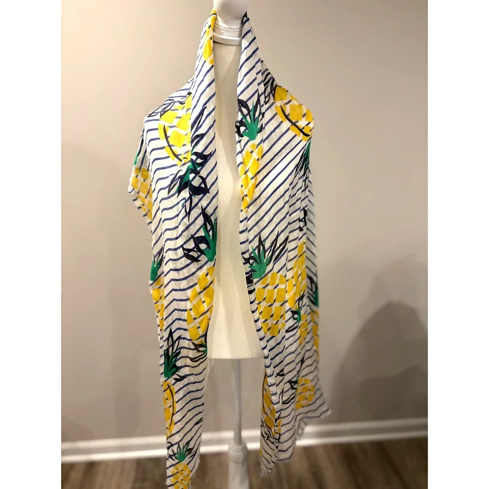 Silk Cotton‎ Pineapple Scarf Blue White Striped Tropical Coastal Grandma