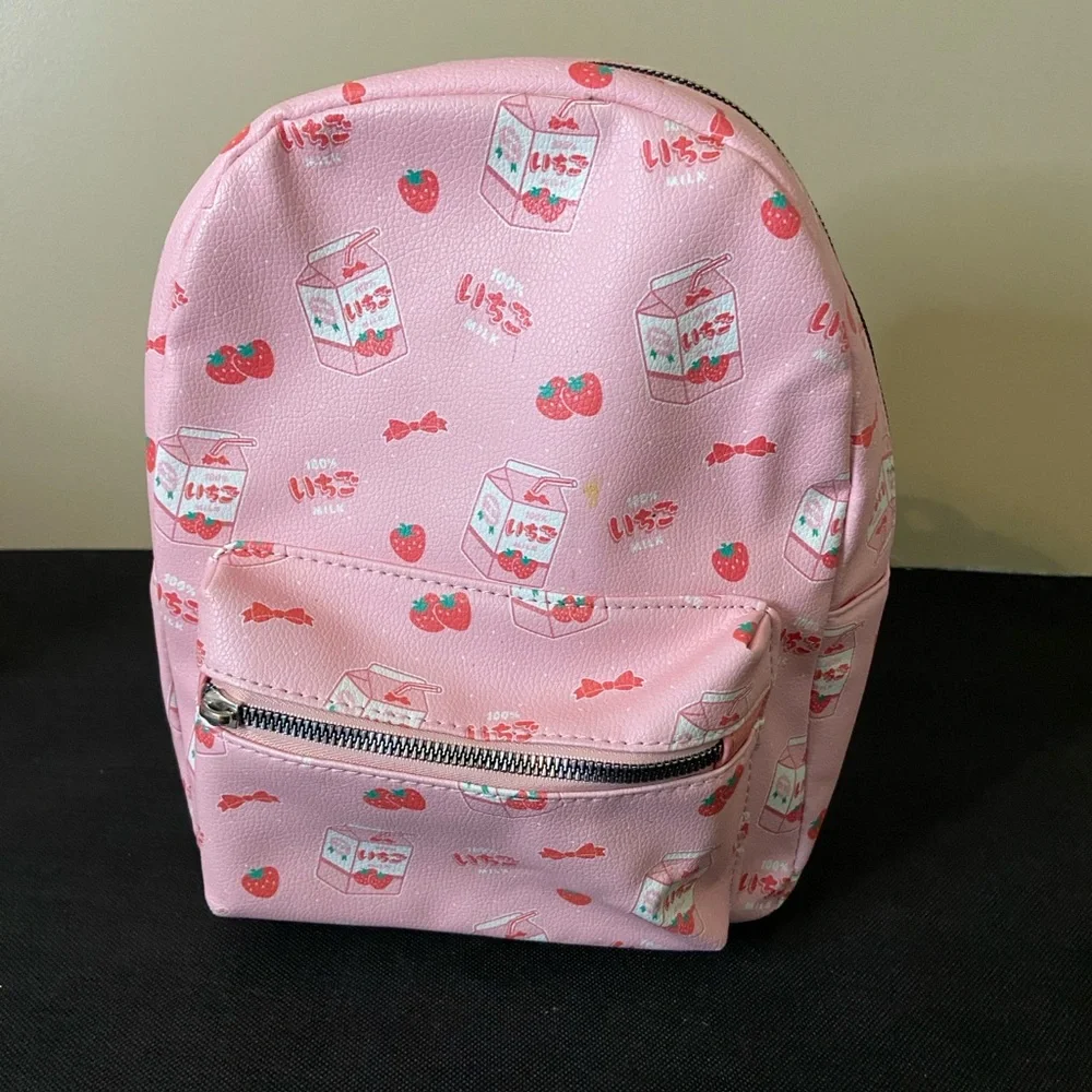 Charming Pink Kids Backpack with Strawberry and‎ Milk Print