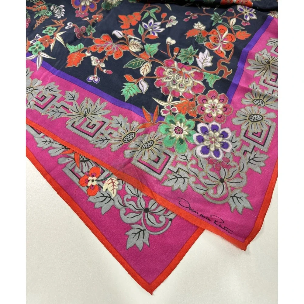 VTG Oscar de La Renta Silk Scarf Floral Pink Fuchsia Navy Blue Square 35
