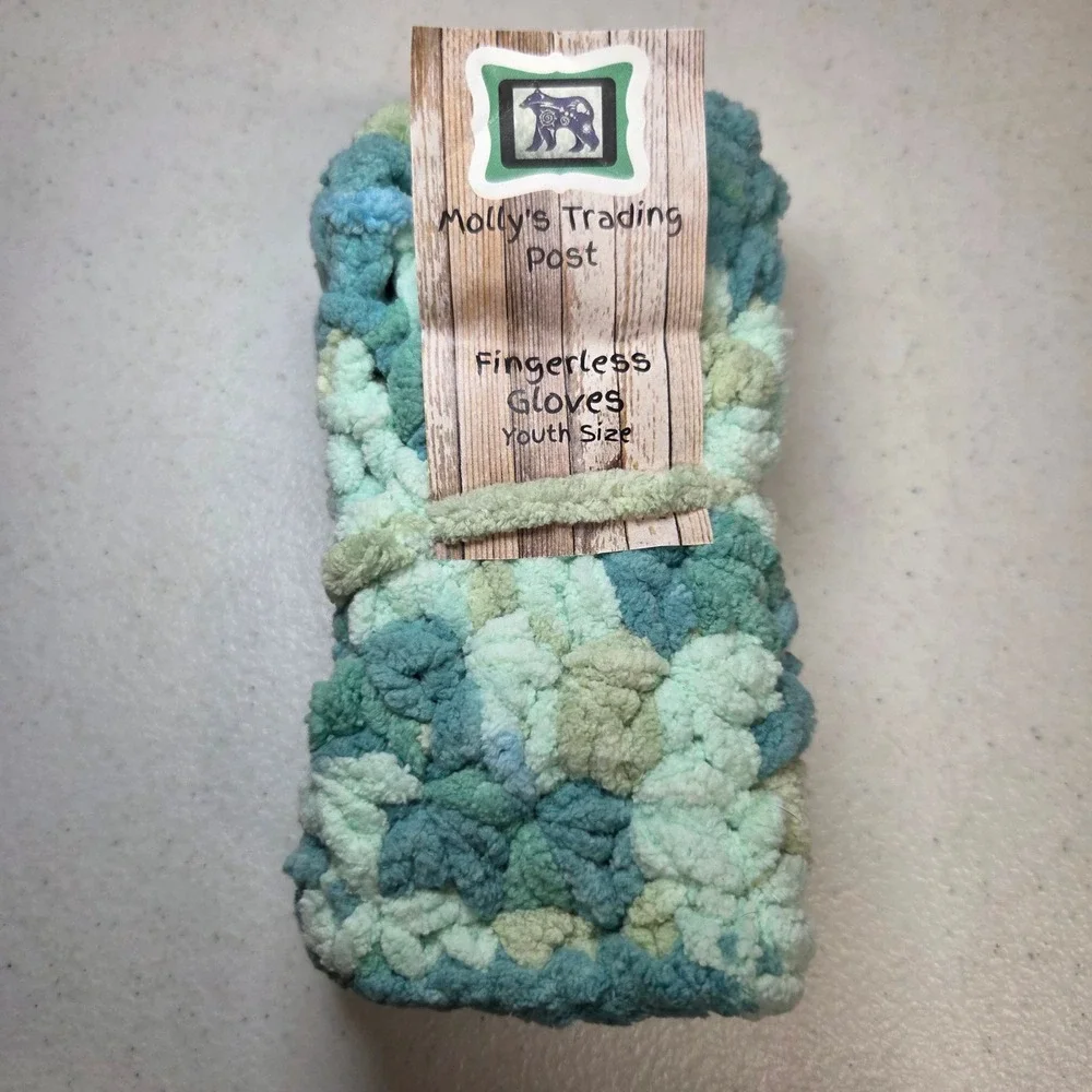 Mollys Trading Post Youth Fingerless Gloves Blue Green Crochet