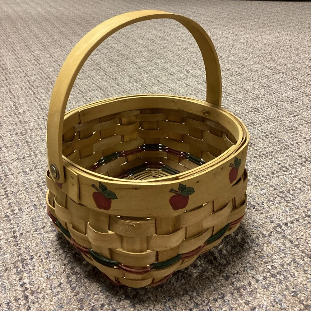Handwoven Wooden Basket with Apple Design