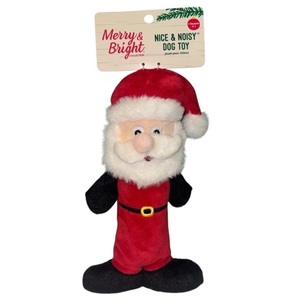 Merry & Bright Nice‎ & Noisy Santa Dog Toy Red Squeaky Thrash Plush Toss Shake