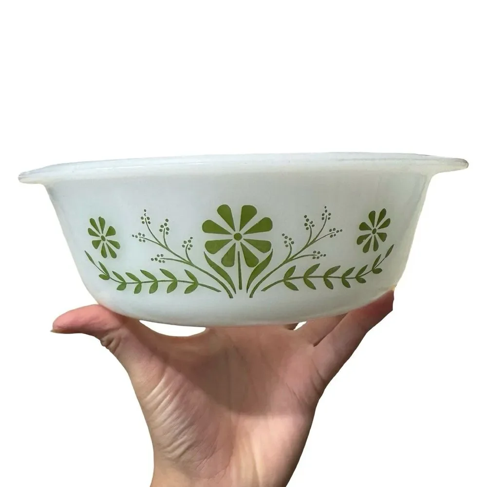 VTG Mid Century‎ GLASBAKE GREEN DAISY 1.5 Quart Casserole Dish J-2600