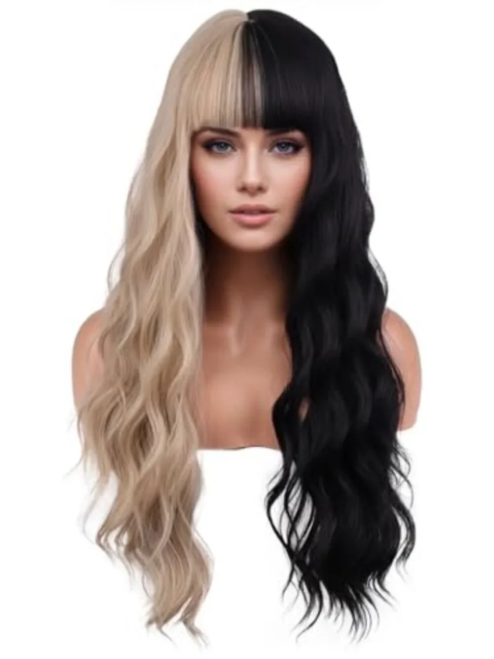 Black and Blonde Long Wavy Curly Wig with Bangs for Women