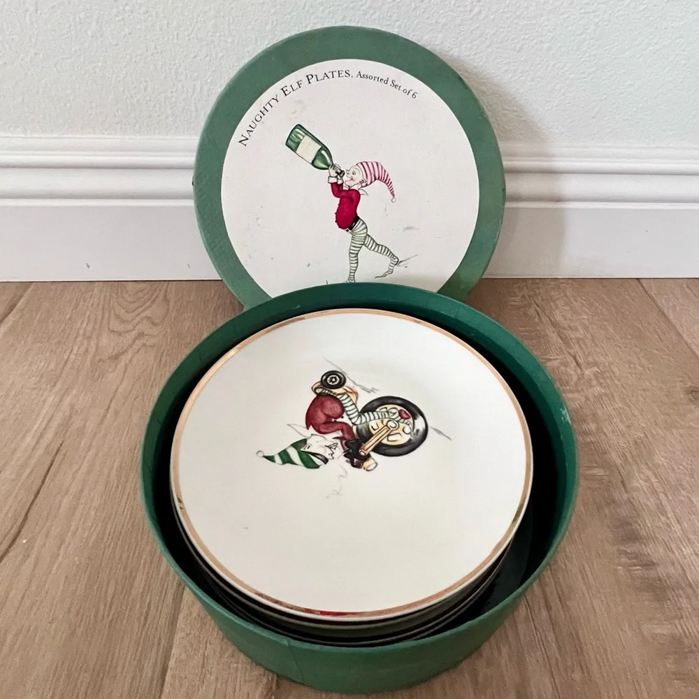 RARE Restoration Hardware NAUGHTY ELF Boxed Set‎ of 6 Dessert Salad Plates Vtg