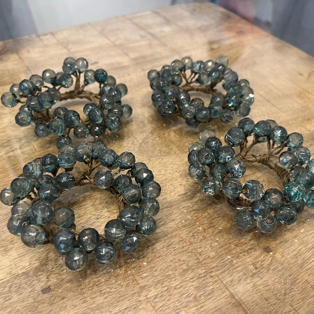 4 beaded jade green napkin rings