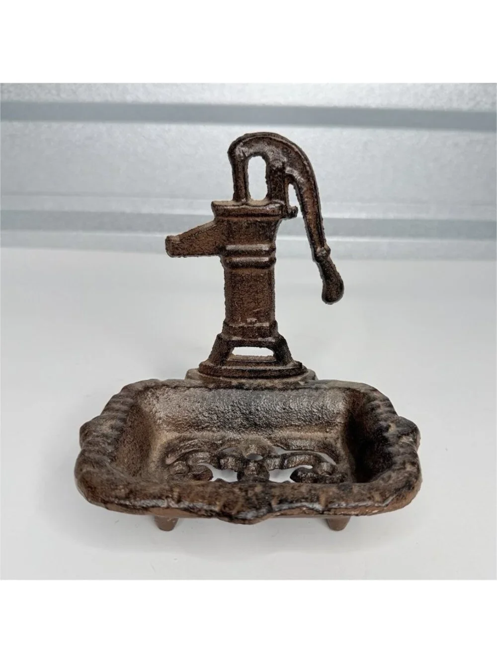 Cast Iron Water Pump Soap Dish Rustic Farmhouse Brown Footed Vintage Style