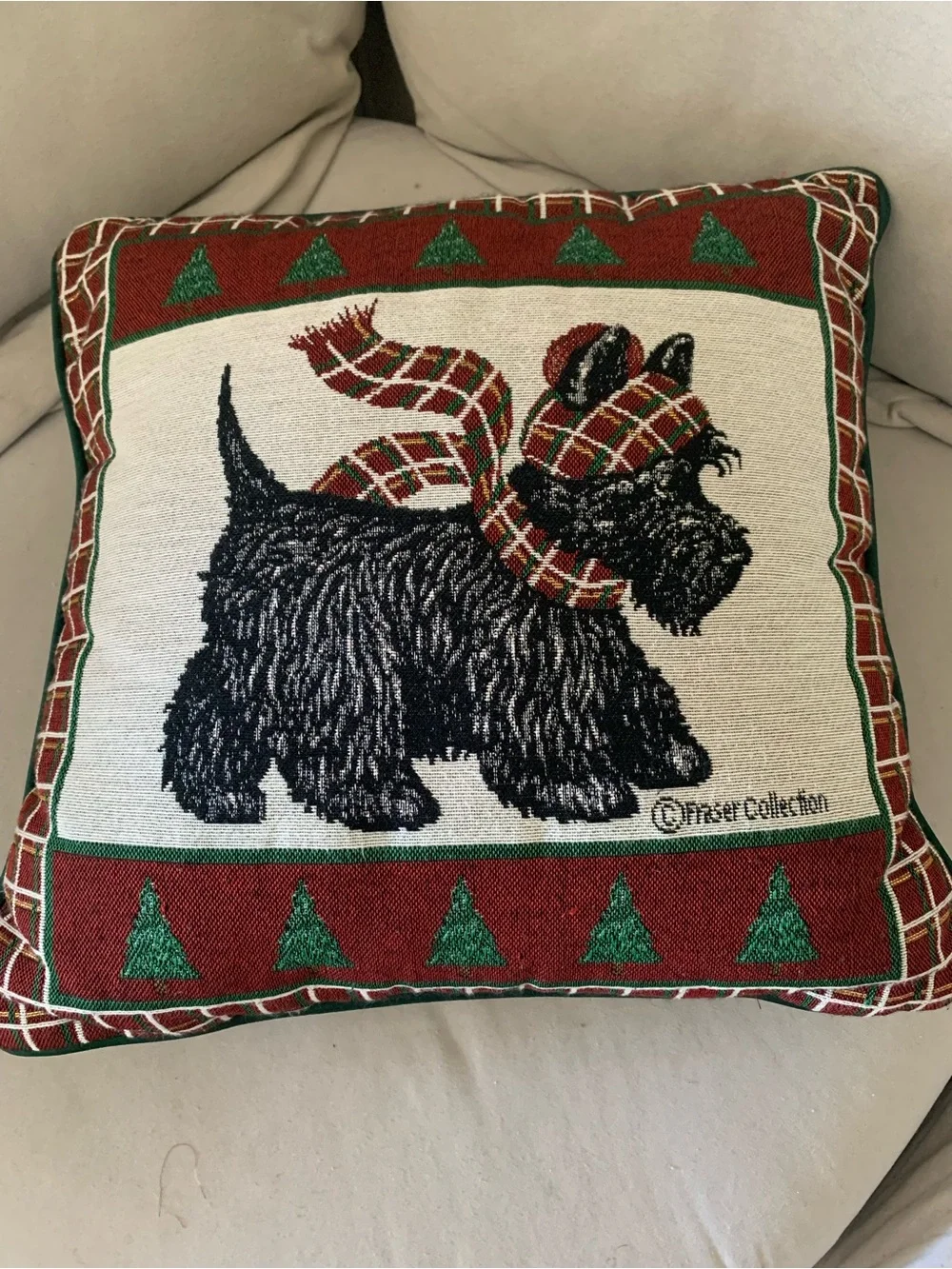 Festive Scottie Dog Holiday Pillow with Red & Green Plaid Accents 16X16 square