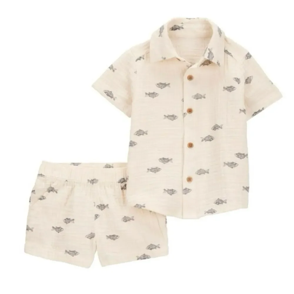 Carter's Child of Mine 2-Piece Baby Boy Outfit Set shirt shorts 3-6 Month beige