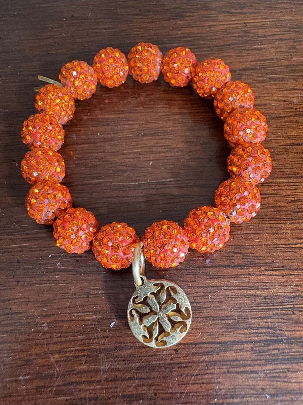 Rustic Cuff kids Orange Crystal Bead Stretch Bracelet with Gold RC Charm